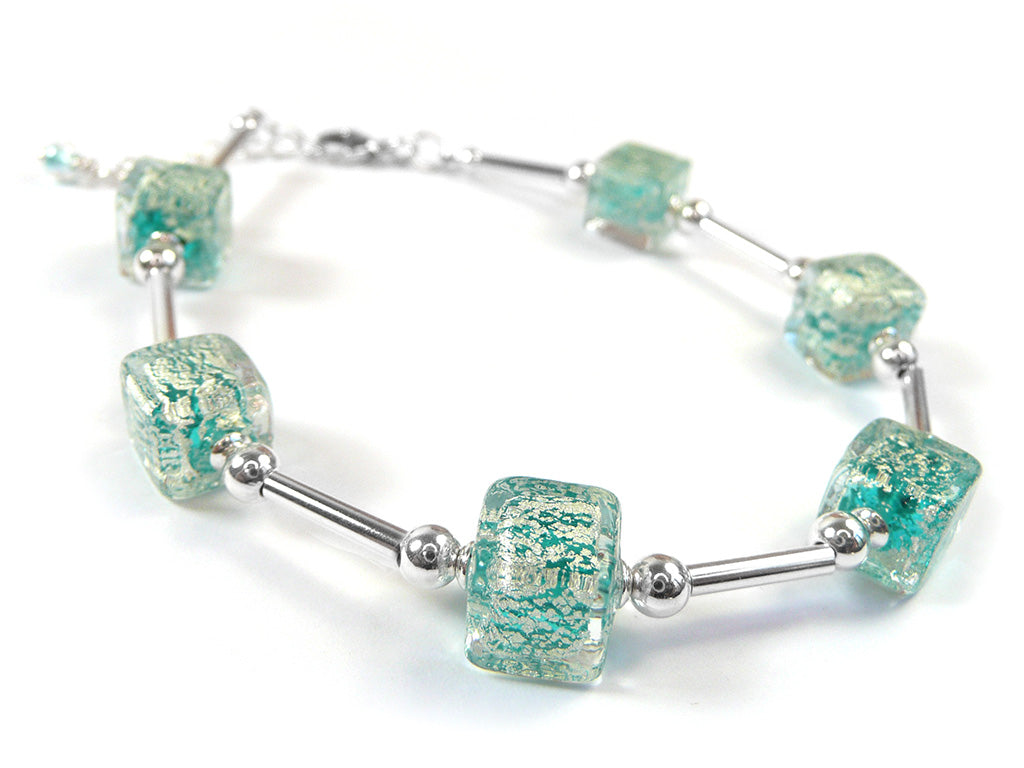 Bracelet with turquoise square Murano glass beads and silver accents 