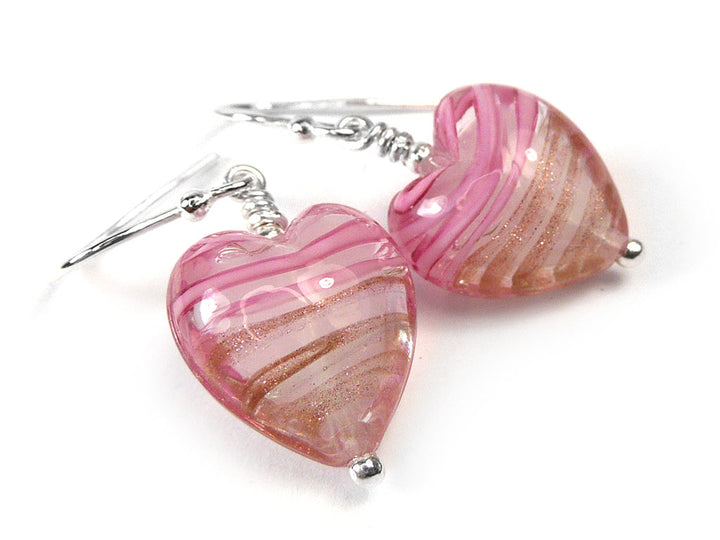 Murano Glass Heart Earrings - Rose and Aventurine