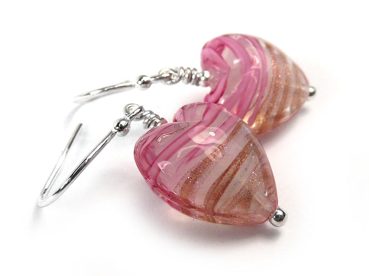 Murano Glass Heart Earrings - Rose and Aventurine