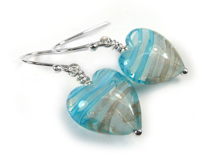 Murano Glass Heart Earrings - Sky Blue and Aventurine