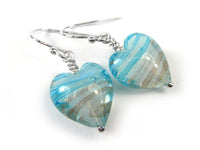 Murano Glass Heart Earrings - Sky Blue and Aventurine