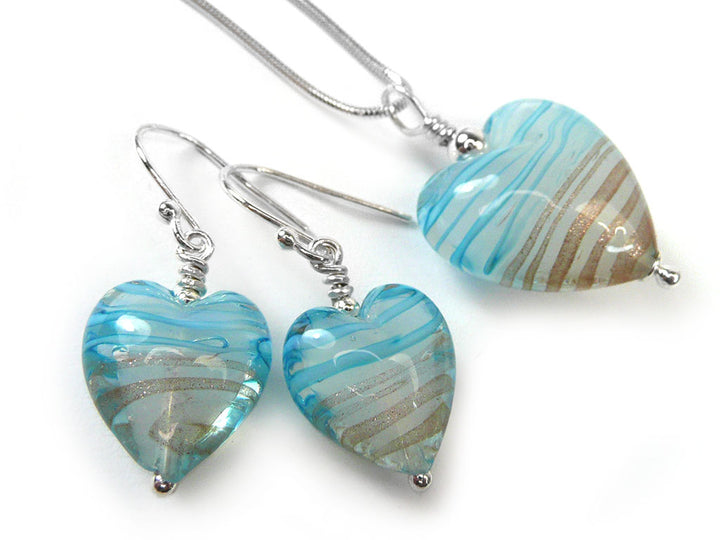 Murano Glass Heart Pendant - Sky Blue and Aventurine