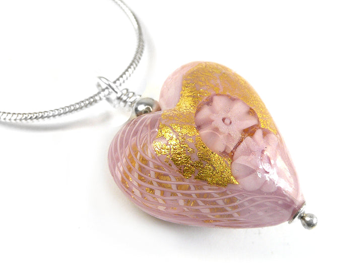 Murano Glass Heart Pendant - Latticino Millefiore Pink