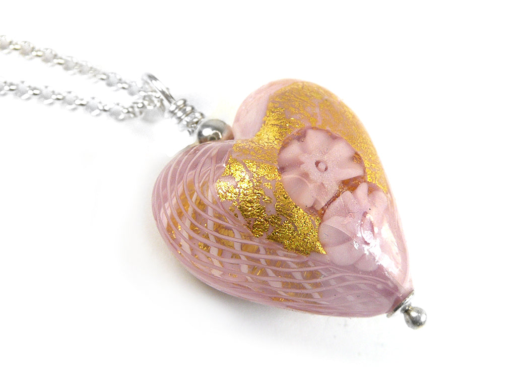 Murano Glass Heart Pendant - Latticino Millefiore Pink