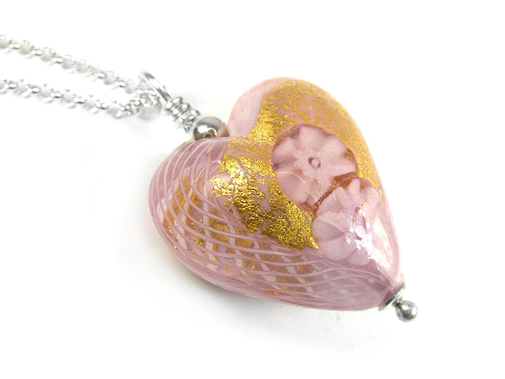 Murano Glass Heart Pendant - Latticino Millefiore Pink