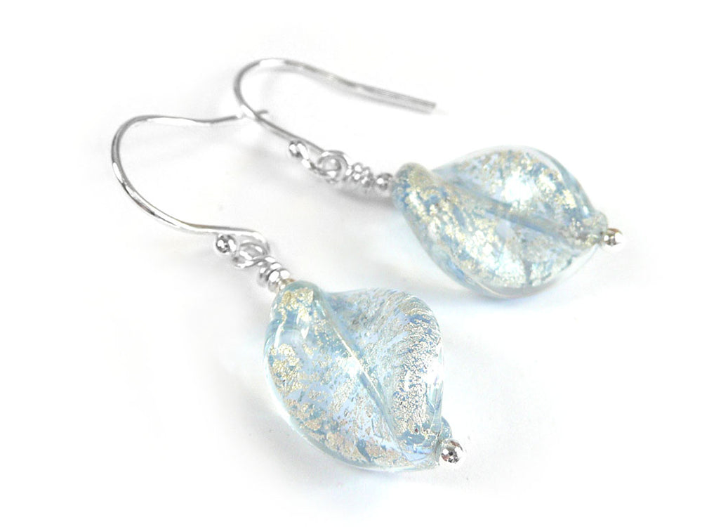 Light blue earrings with Murano glass twist leaf beads