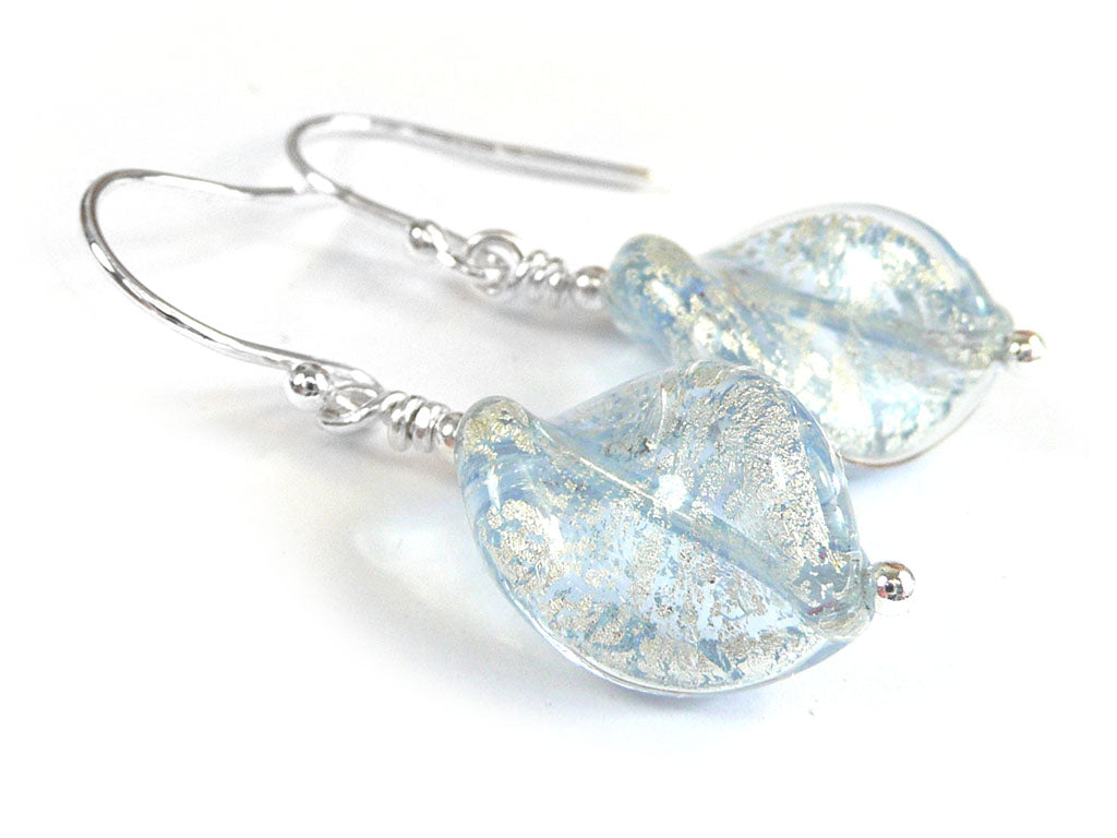 Light blue earrings with Murano glass twist leaf beads