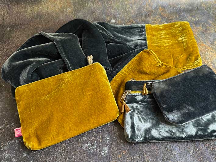 Velvet Scarf - Steel Blue and Mustard