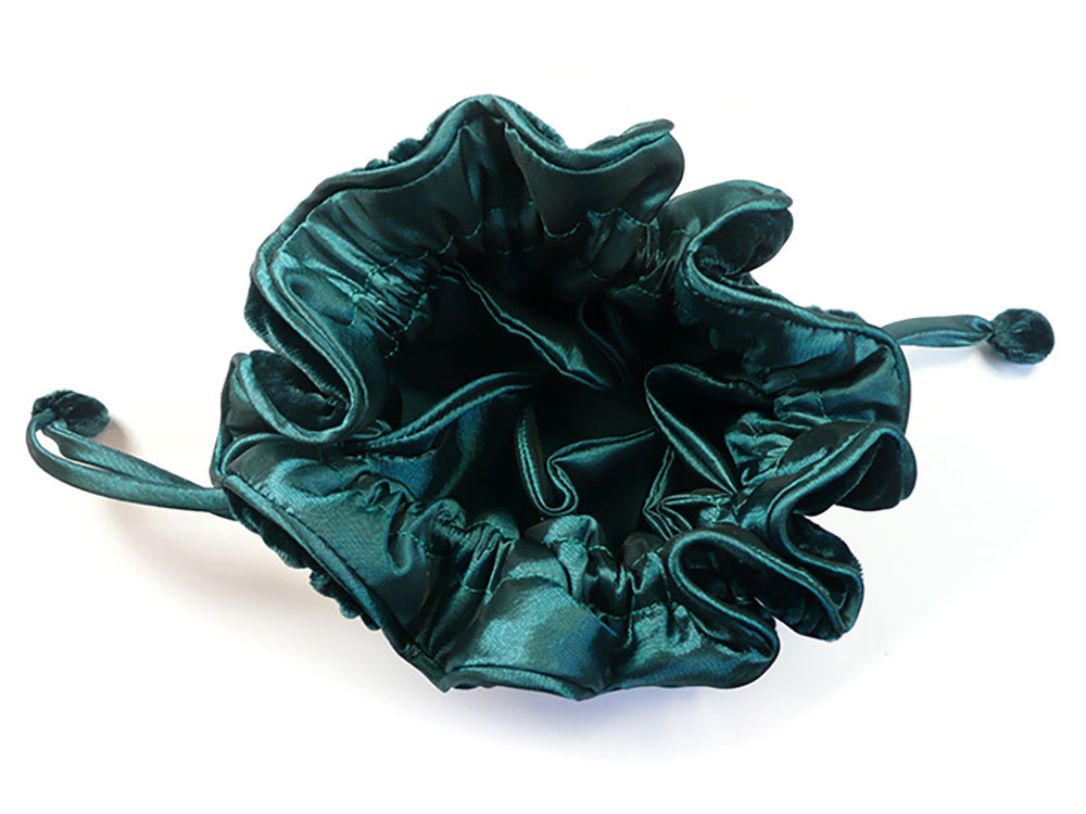 A dark green satin drawstring pouch with a ruffled edge, shown on a plain white background.