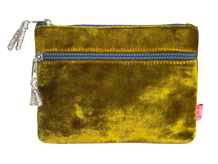 A small velvet pouch in a mustard yellow color with a blue zipper and silver-tone tassel zipper pulls, shown on a plain white background.