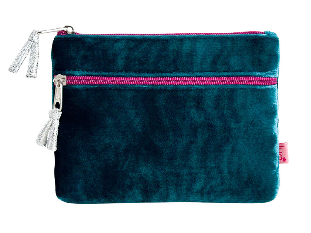 A teal velvet zippered pouch with a bright pink zipper and silver-tone tassel pulls, shown against a plain white background.