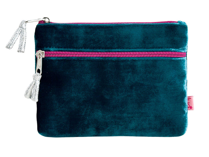 A teal velvet zippered pouch with a bright pink zipper and silver-tone tassel pulls, shown against a plain white background.