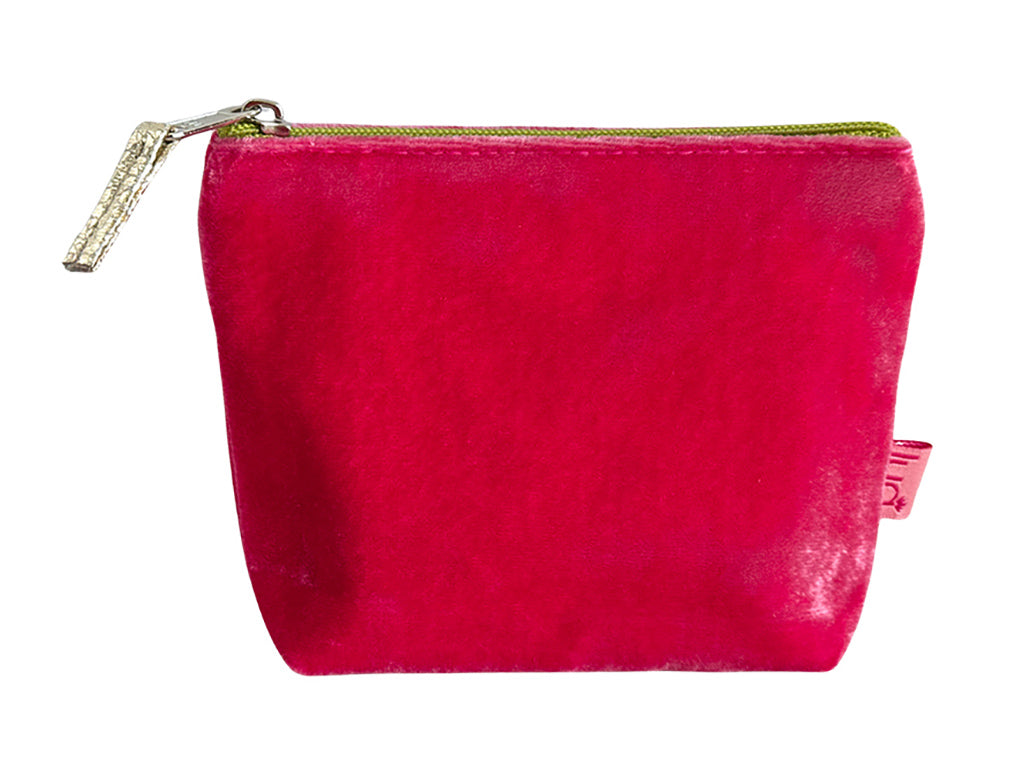 A small pink pouch with a textured finish, a lime green zipper, and a silver metal pull tab, shown against a plain white background.