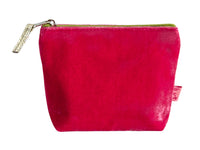 A small pink pouch with a textured finish, a lime green zipper, and a silver metal pull tab, shown against a plain white background.