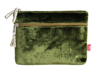 An olive green velvet pouch with a gold zipper and silver tassel pulls, shown against a plain white background.