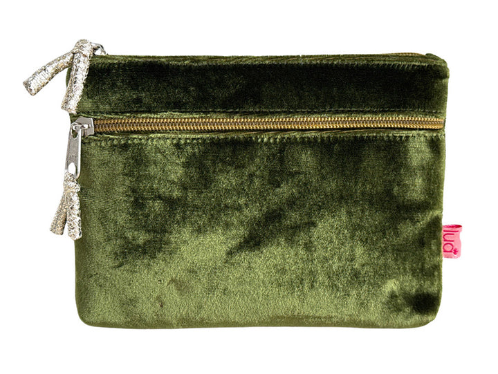 An olive green velvet pouch with a gold zipper and silver tassel pulls, shown against a plain white background.