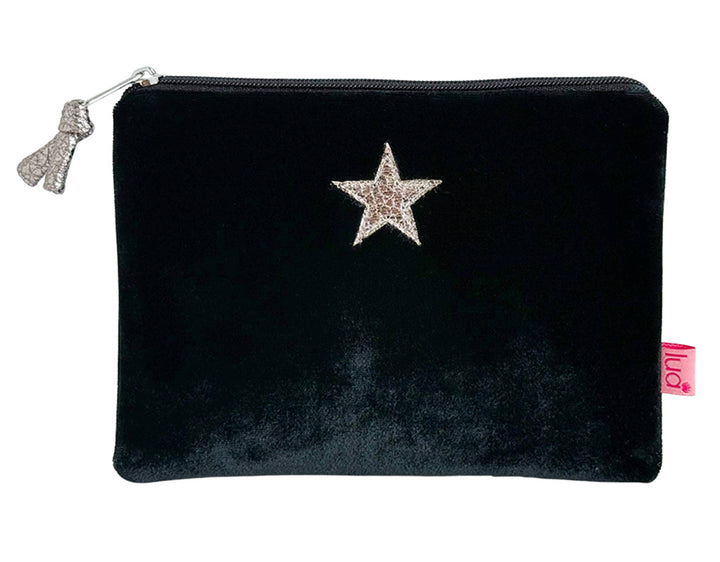 A black velvet zippered pouch featuring a glittery star embellishment on the front and a small pink tag on the right side, shown against a plain white background.
