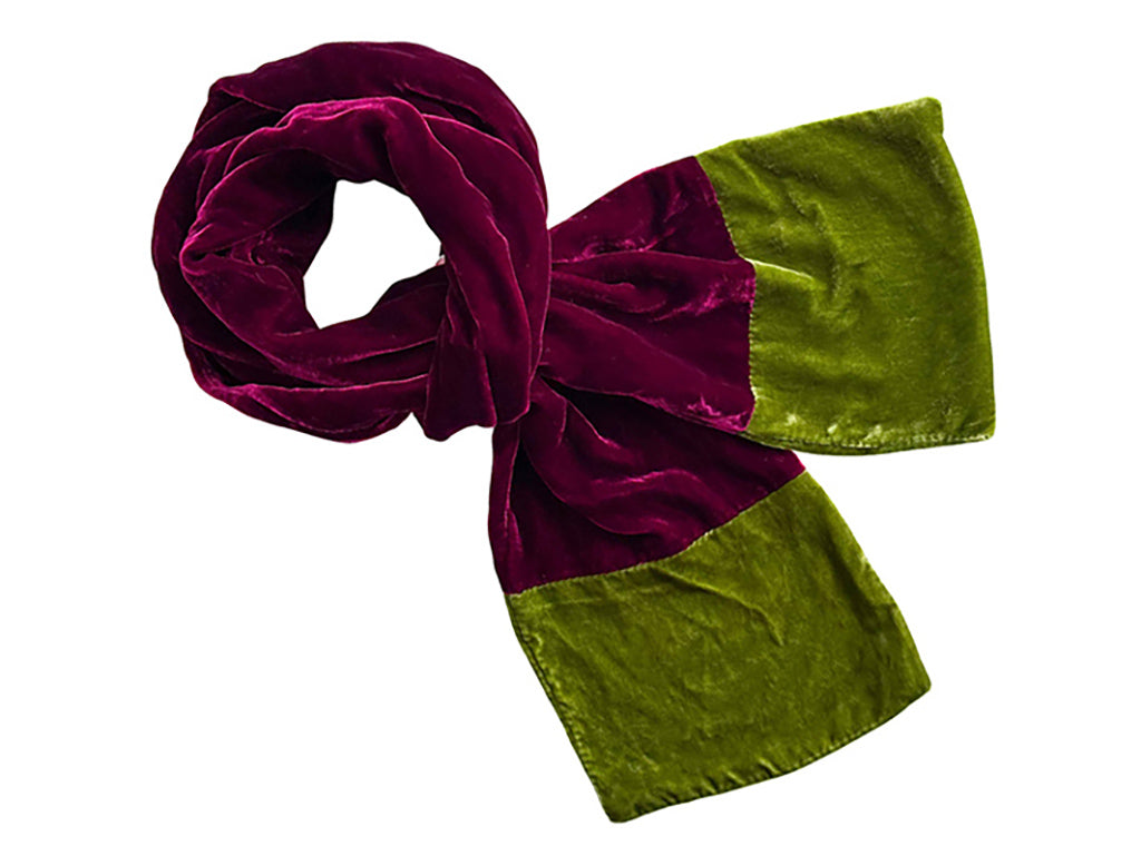 A velvet scarf in two-tone colour blocking, featuring a deep burgundy upper section and an olive green lower section, shown on a plain white background.
