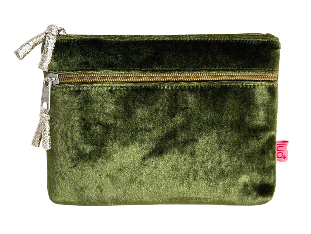 An olive green velvet zipped pouch with silver-tone hardware and decorative zipper pulls, displayed on a light off-white background.