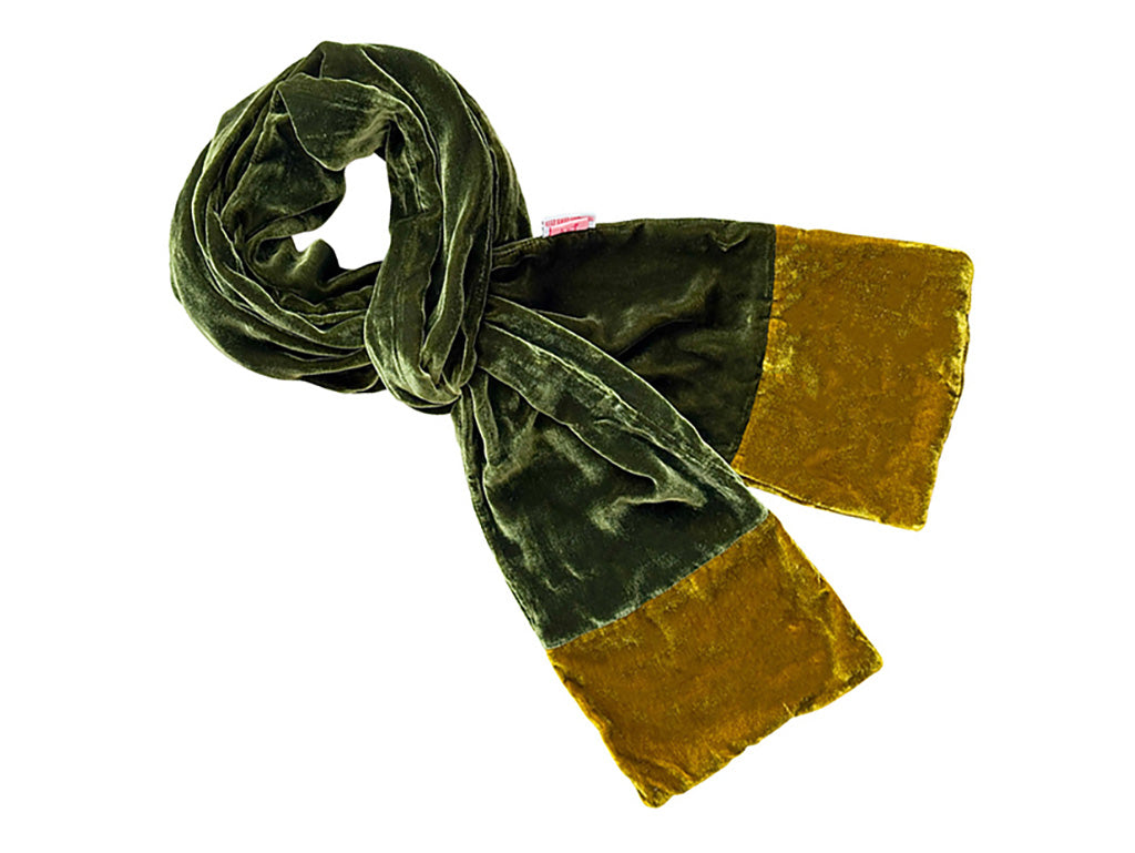 Velvet scarf green with yellow-green contrasting ends on a white background