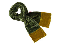Velvet scarf green with yellow-green contrasting ends on a white background