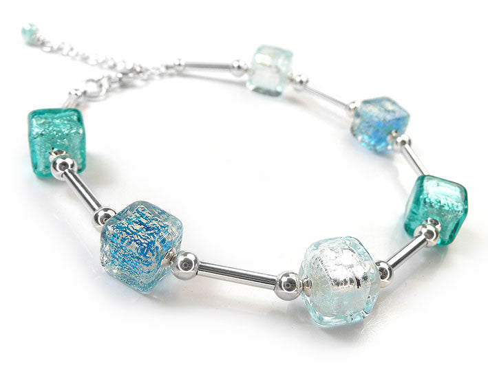 Murano Glass Cube Bracelet - Aqua Blues