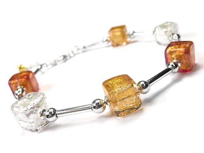 Murano Glass Cube Bracelet - Golden Tones