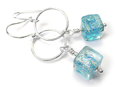 Murano Glass Cube Earrings - Aqua and White Gold
