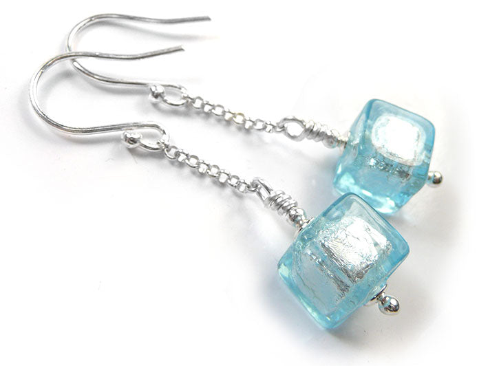 Murano Glass Cube Earrings - Aquamarine