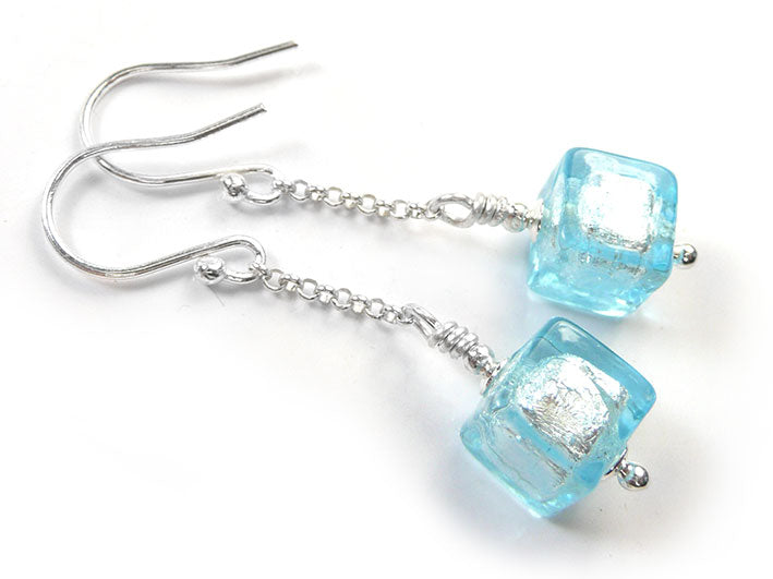 Murano Glass Cube Earrings - Aquamarine