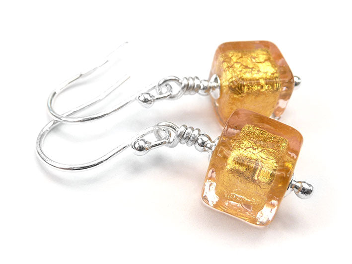 Murano Glass Cube Earrings - Pink Gold