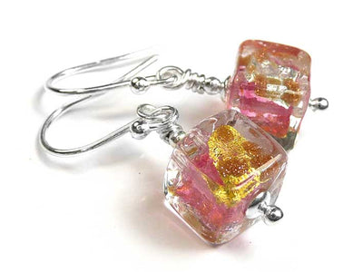 Murano Glass Cube Earrings - Pink Luna