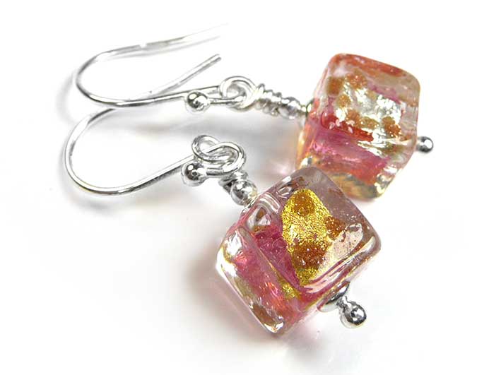 Murano Glass Cube Earrings - Pink Luna