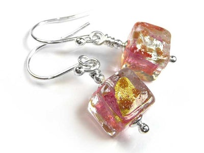Murano Glass Cube Earrings - Pink Luna