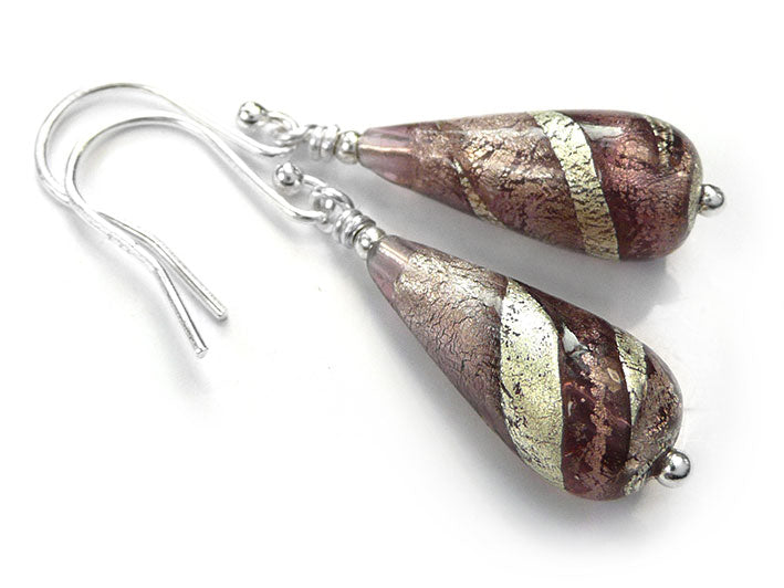 Murano Glass Drop Earrings - Amethyst Swirl