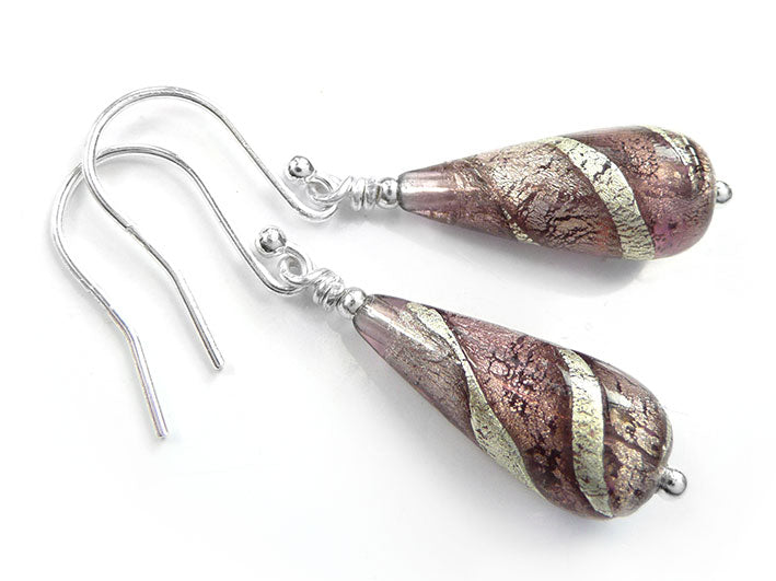 Murano Glass Drop Earrings - Amethyst Swirl