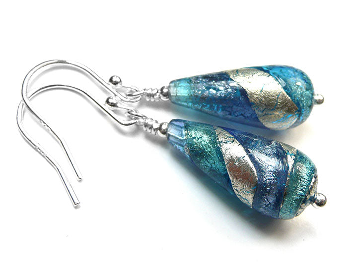 Murano Glass Drop Earrings - Aqua and Sapphire Swirl