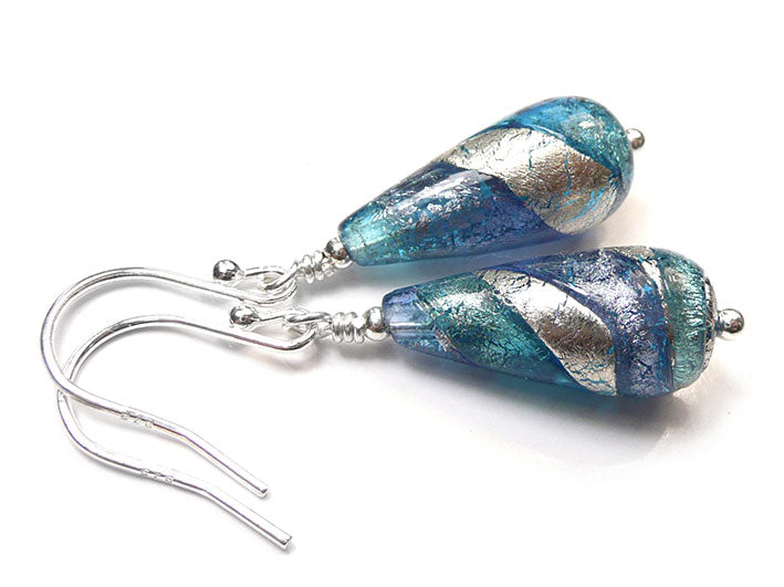 Murano Glass Tear Drop Earrings - Aqua and Sapphire Swirl – Indigo Silver