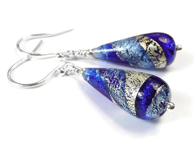 Murano Glass Drop Earrings - Electric and Sapphire Swirl
