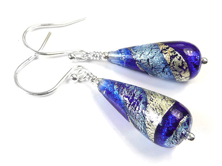 Murano Glass Drop Earrings - Electric and Sapphire Swirl