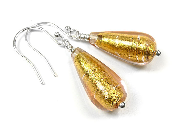 Murano Glass Drop Earrings - Pink Gold