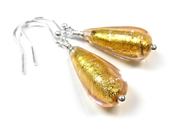 Murano Glass Drop Earrings - Pink Gold