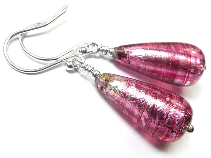 Murano Glass Drop Earrings - Raspberry Ripple