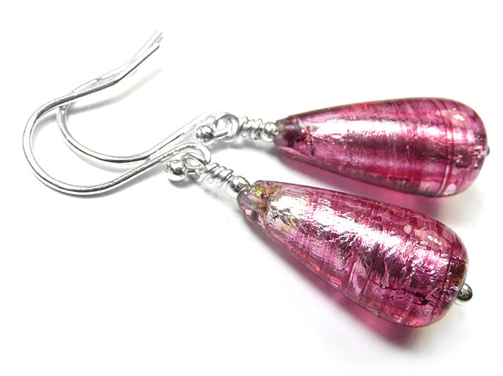Murano Glass Drop Earrings - Raspberry Ripple