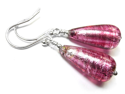 Murano Glass Drop Earrings - Raspberry Ripple