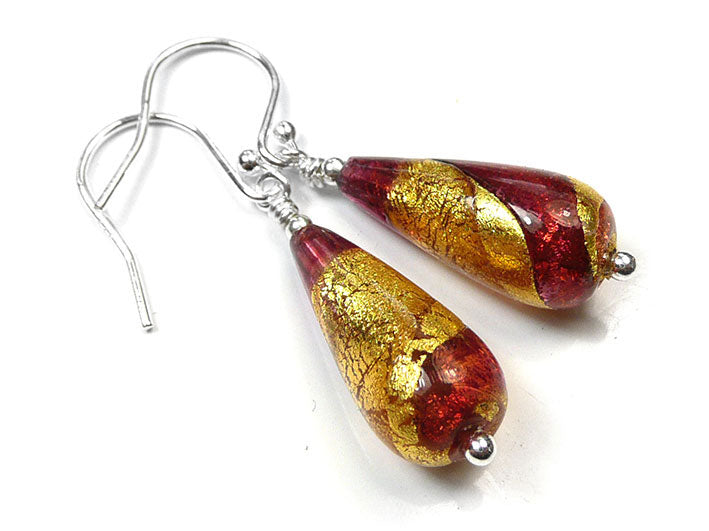 Murano Glass Drop Earrings - Rubino Gold Swirl