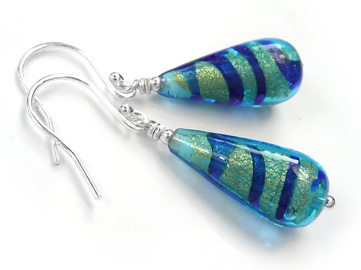 Murano Glass Drop Earrings - Turquoise Gold