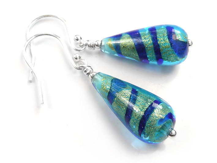 Murano Glass Drop Earrings - Turquoise Gold