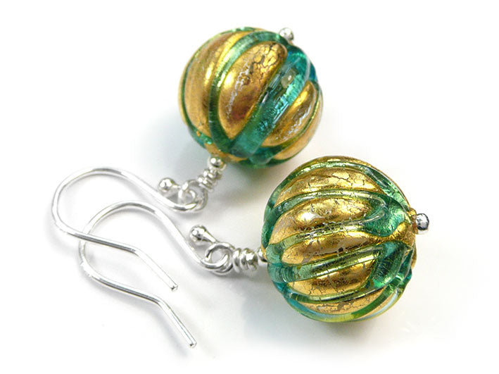 Murano Glass Earrings - Ribbed Aqua Verde
