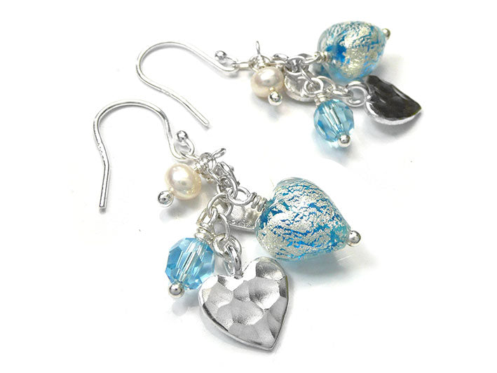 Murano Glass Heart Amore Earrings - Aqua and White Gold